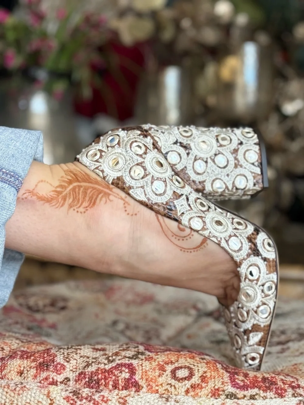 TORY BURCH Embellished BEIGE Brown Lace Pointed Toe Pumps BLOCK HEELS FANCY
